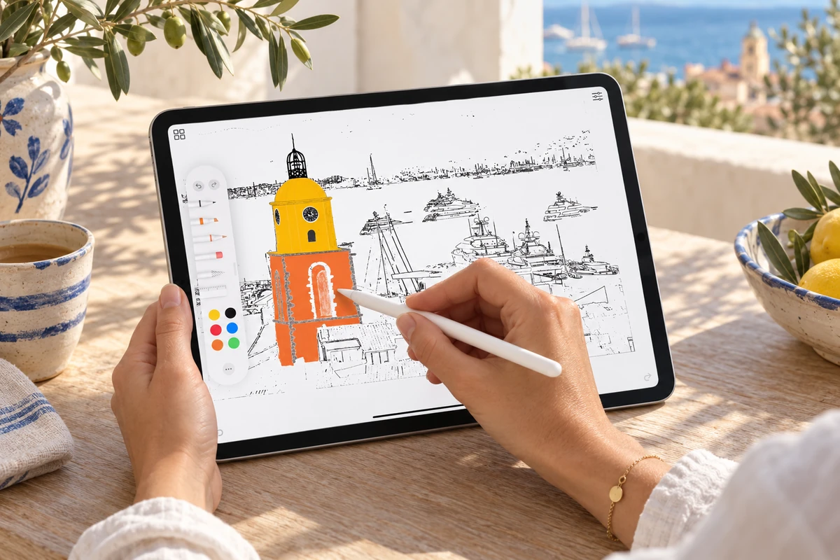 A person colouring the existing harbour illustration on an iPad