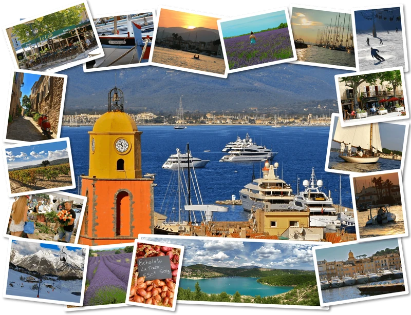A collage of harbour views, lavender fields, villages and landscapes in the South of France