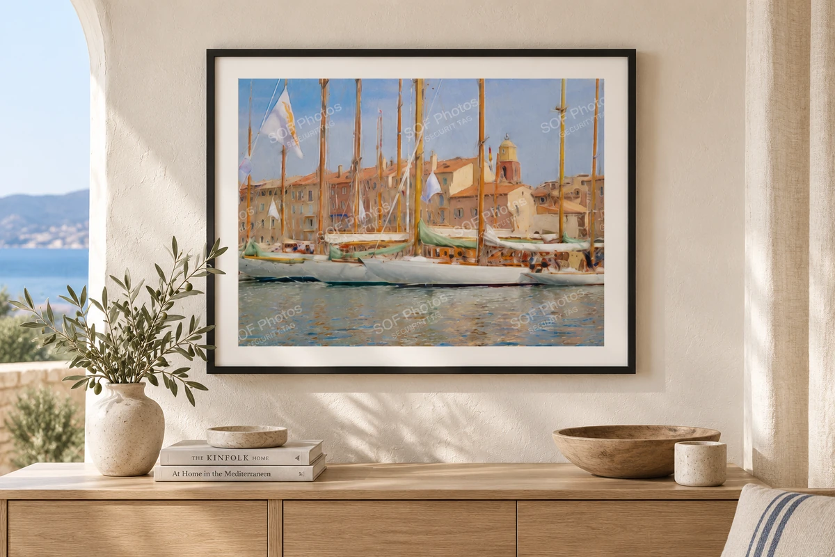Existing Saint-Tropez artwork displayed as a framed print in a Mediterranean home